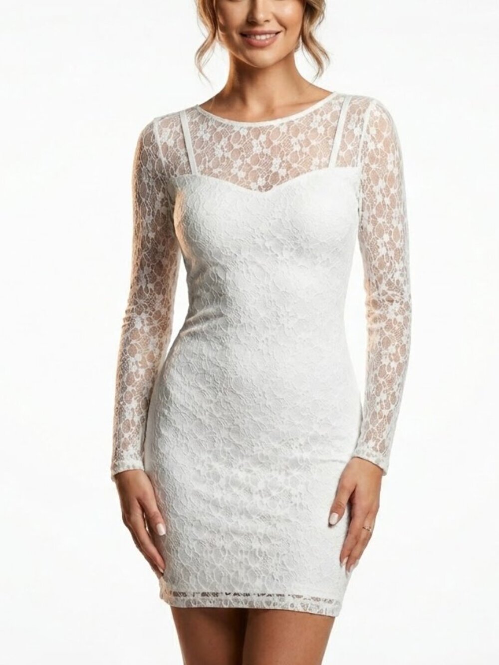 Jessica Simpson White Lace Mini Dress Coquette Aesthetic Long Sleeve Sheath S